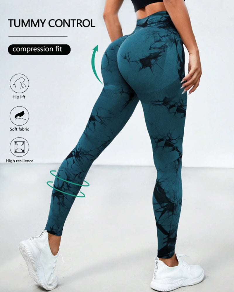 Curvyify Tie Dye Wide Waistband Sports Leggings Shaping Fit